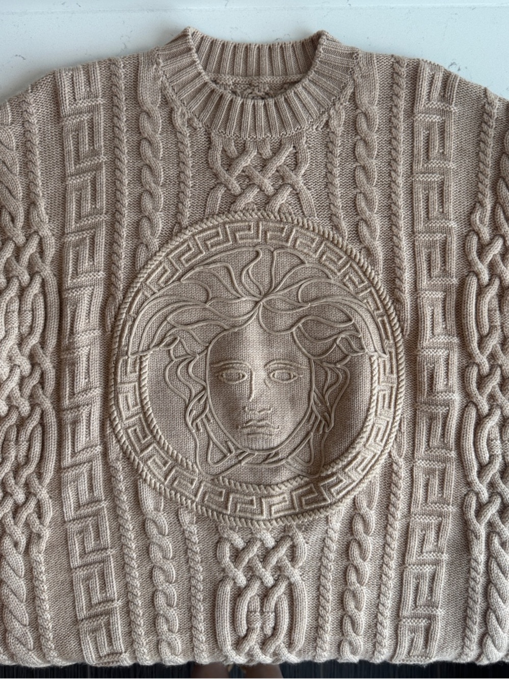 Versace Beige Cable Knit Crewneck Sweater with Medusa Medallion